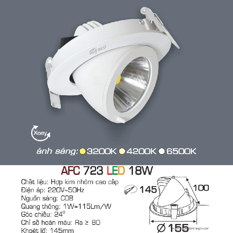 AFC 723 LED 18W: Đèn LED âm trần chiếu điểm 18W - KT: Ø155mm x H100mm - Lổ khoét: Ø145mm - Ánh sáng vàng/trung tính/trắng