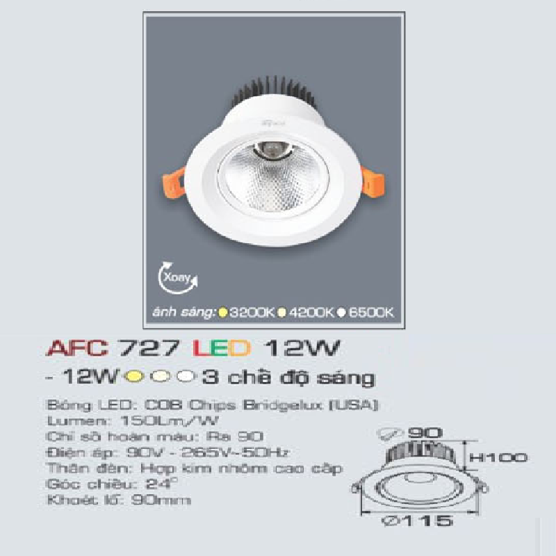 AFC 727 LED 12W: Đèn LED âm trần chiếu điểm xoay góc 12W, 1 chế độ sáng ( vàng/trung tính/trắng)