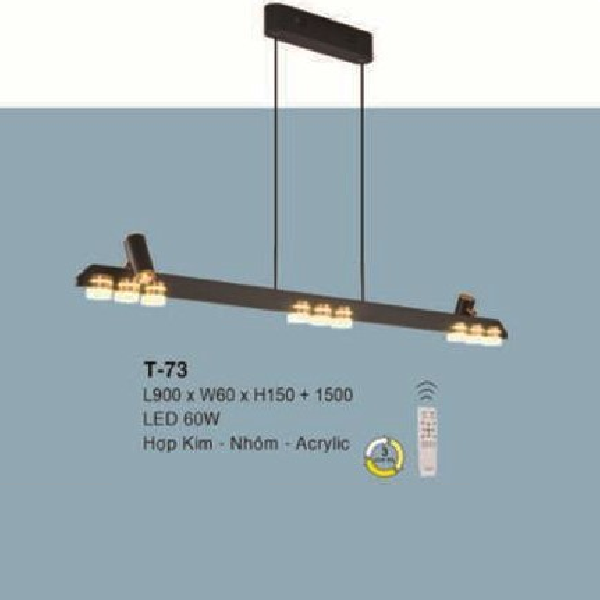 E - T- 73: Đèn thả ngang thanh LED - KT: L900mm x W60mm x H150mm ( chiều cao thanh LED) + H1500mm - Đèn LED 60W - Ánh sáng đổi 3 màu