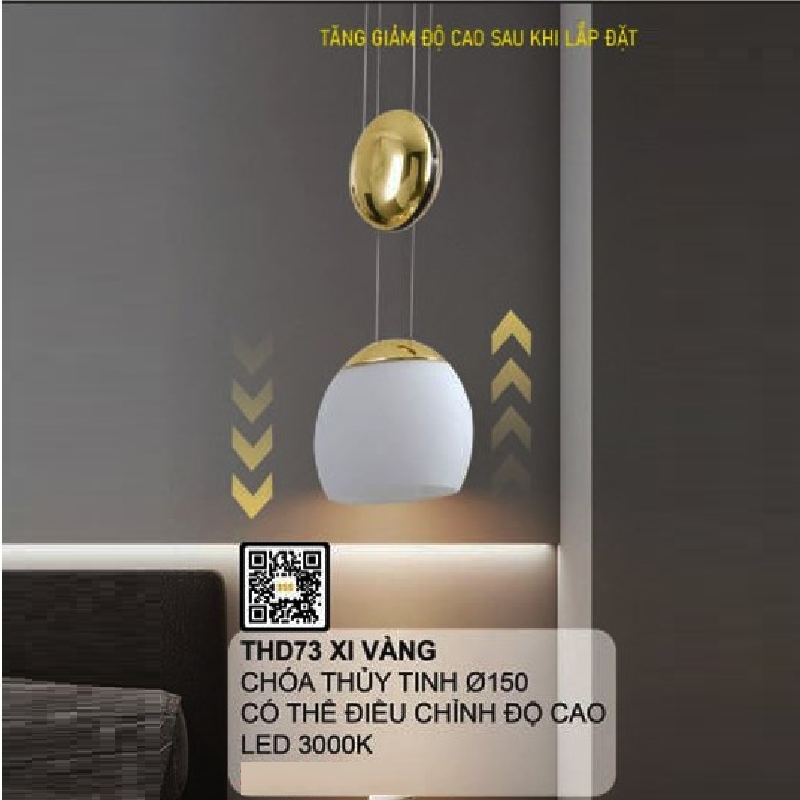 35 - THD73/1: Đèn thả đơn chao thủy tinh, chụp xi vàng - KT: Ø150mm, có thể điều chỉnh tăng giảm chiều cao - Đèn LED ánh sáng vàng 3000K