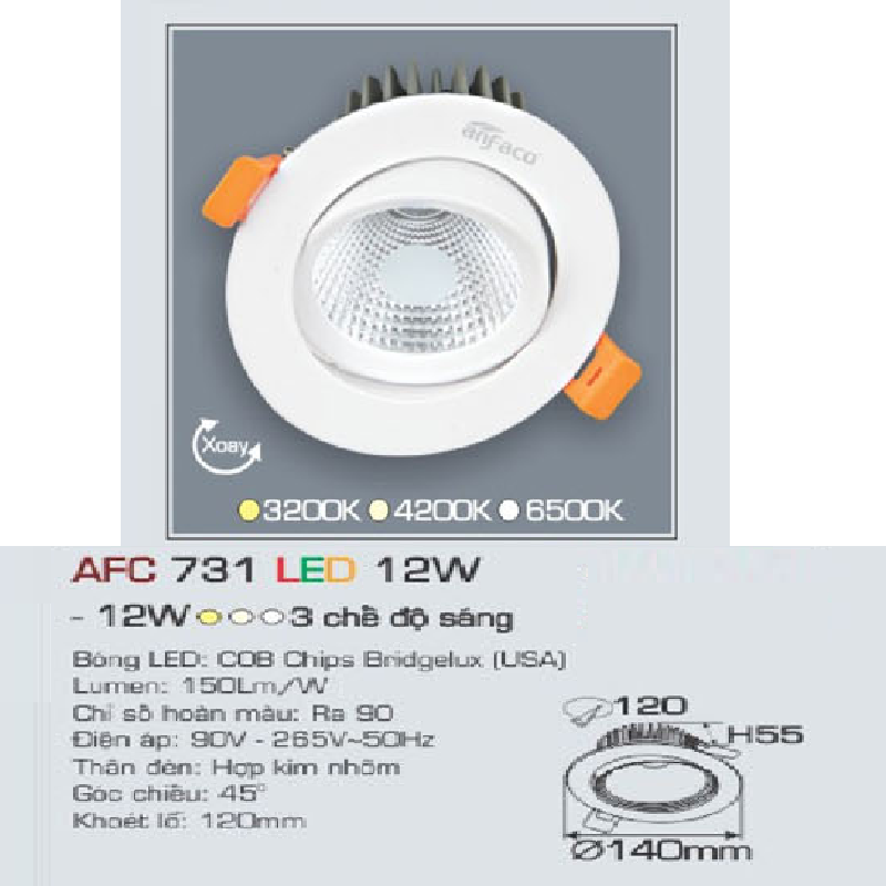 AFC 731 LED 12W: Đèn LED âm trần xoay góc 12W, 1 chế độ sáng (vàng/trung tính/trắng)