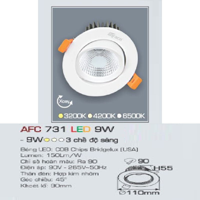 AFC 731 LED 9W: Đèn LED âm trần xoay góc 9W, 1 chế độ sáng vàng/trung tính/trắng