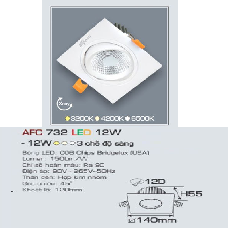 AFC 732 LED 12W: Đèn LED âm trần vuông xoay góc 12W, 1 chế độ ánh sáng (vàng/trung tính/trắng)