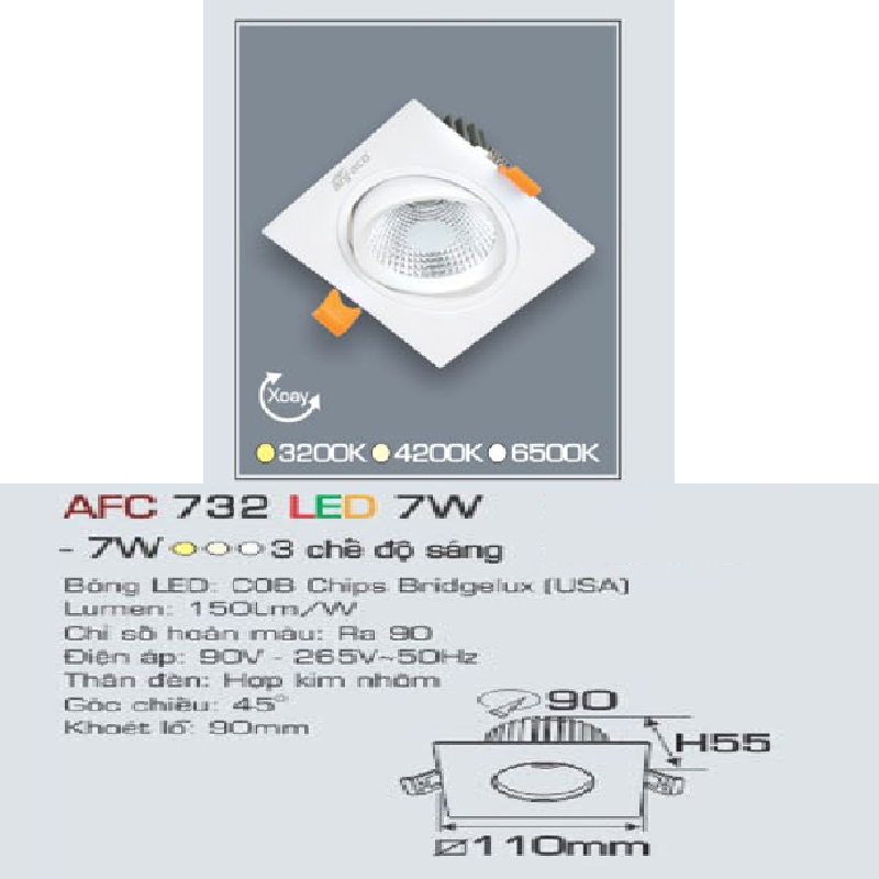 AFC 732 LED 7W: Đèn LED âm trần vuông xoay góc 7W,  1 chế độ ánh sáng (vàng/trung tính/trắng)