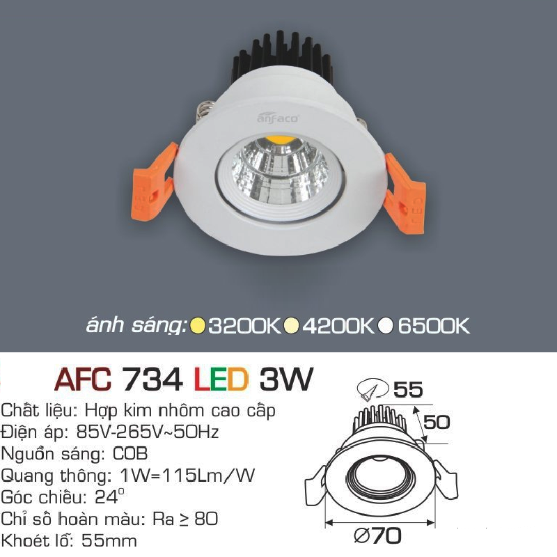 AFC 734 LED 3W: Đèn LED âm trần chiếu điểm 3W - KT: Ø70mm x H50mm - Lổ khoét: Ø55mm - Ánh sáng vàng/trung tính/trắng