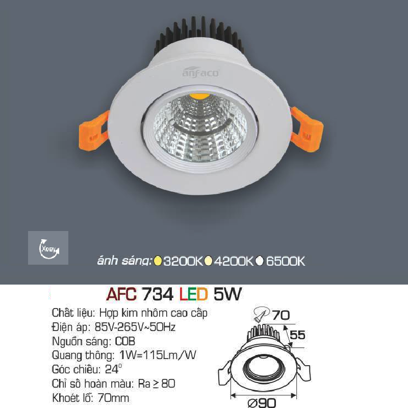 AFC 734 LED 5W: Đèn LED âm trần chiếu điểm 5W - KT: Ø90mm x H55mm - Lổ khoét: Ø70mm - Ánh sáng vàng/trung tính/trắng