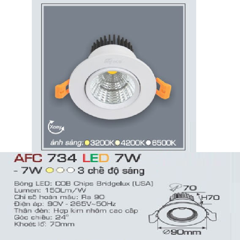 AFC 734 LED 7W: Đèn LED âm trần chiếu điểm xoay góc 7W, 1 chế độ ánh sáng ( vàng/trung tính/trắng)