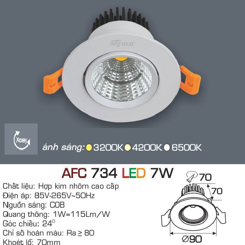AFC 734 LED 7W: Đèn LED âm trần chiếu điểm 7W - KT: Ø90mm x H70mm - Lổ khoét: Ø70mm - Ánh sáng vàng/trung tính/trắng