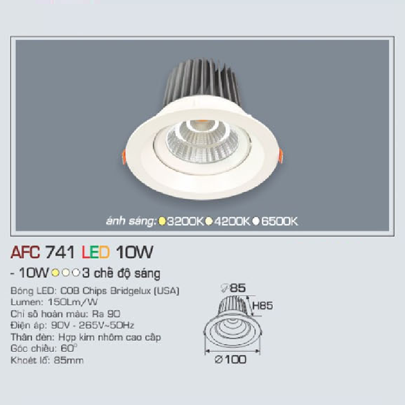 AFC 741 LED 10W: Đèn LED âm trần 10W, 1 chế độ ánh sáng ( vàng/trung tính/trắng)