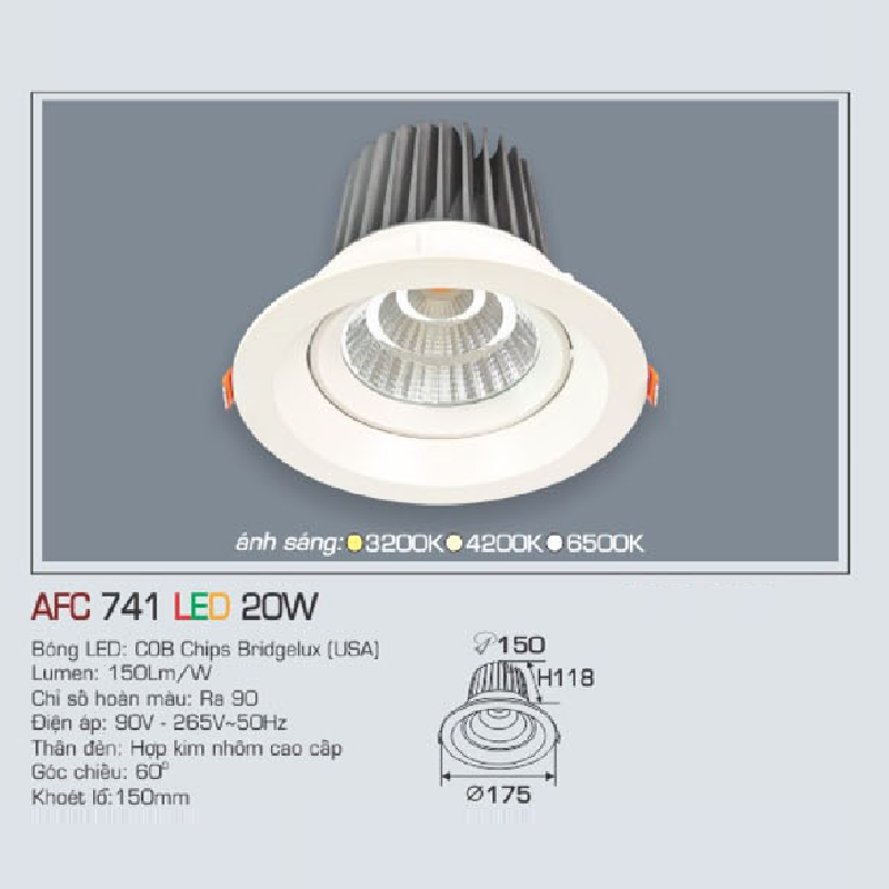 AFC 741 LED 20W: Đèn LED âm trần 20W, 1 chế độ ánh sáng ( vàng/trung tính/trắng)