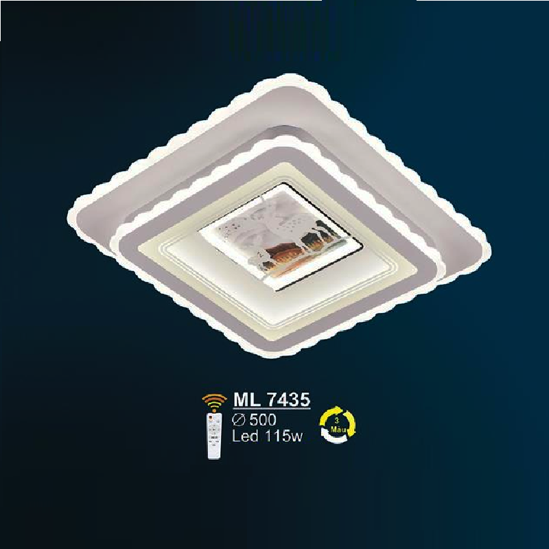SN - ML 7435: Đèn áp trần LED Mica Vuông  - KT: L500mm x W500mm - Đèn LED 115W - Ánh sáng đổi 3 màu - Remote