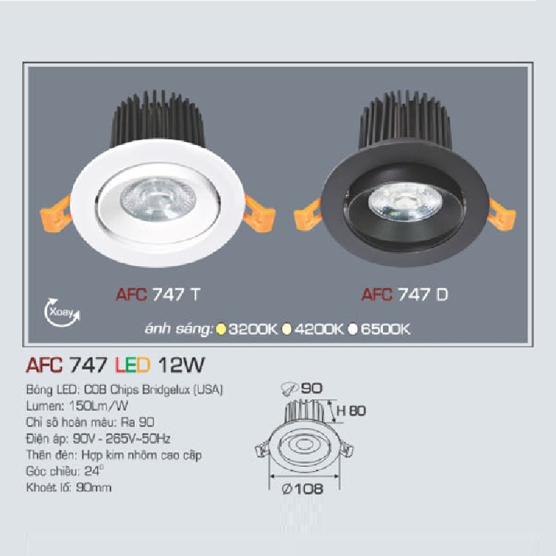 AFC 747 LED 12W: Đèn LED chiếu điểm  xoay góc 12W1 chế độ ánh sáng ( vàng/trắng/trung tính)