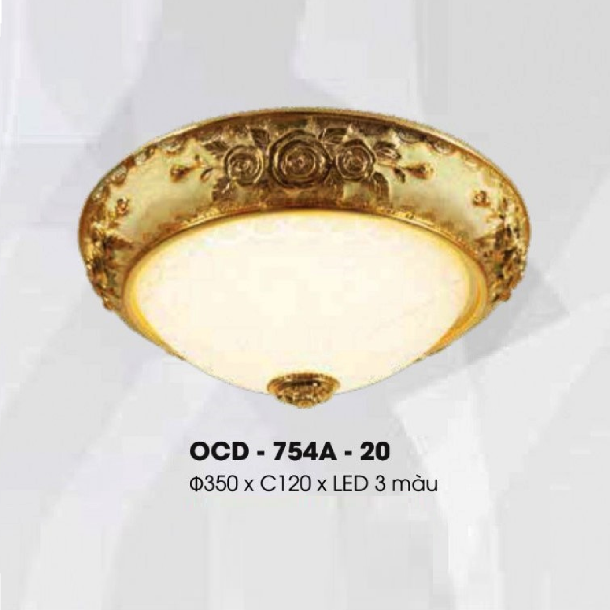 OCD - 754A - 20: Đèn ốp trần  hợp kim chóa thủy tinh - KT: Ø350mm x H120mm - Đèn LED đổi 3 màu