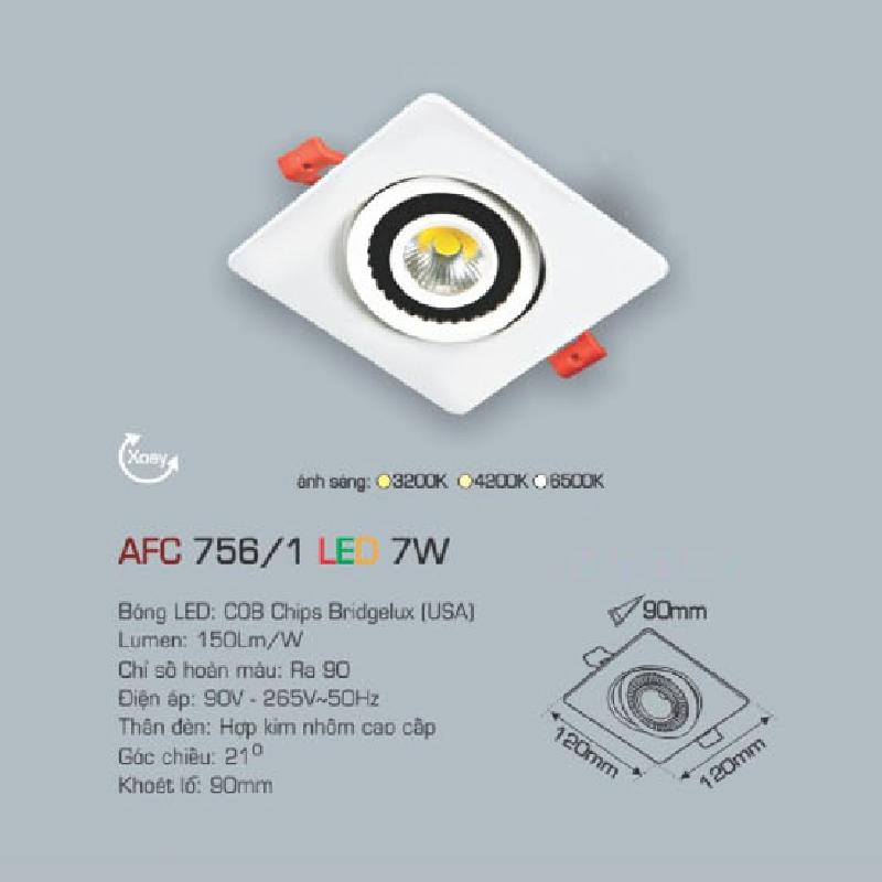 AFC 756/1 LED 7W: Đèn LED vuông âm trần chiếu điểm xoay góc 7W 1 chế độ ánh sáng (vàng/trung tính/trắng)