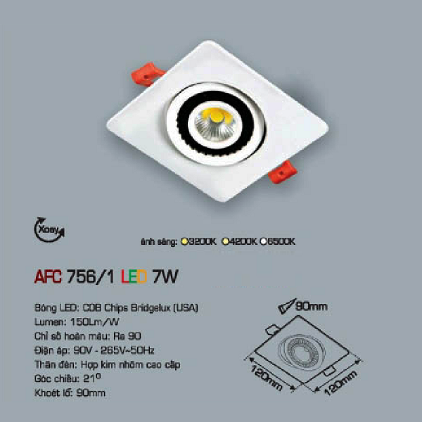 AFC 756/ LED 7W: Đèn LED vuông âm trần chiếu điểm 7W - KT: 120mm x 120mm - Lổ khoét: Ø90mm - Ánh sáng vàng/trung tính/trắng