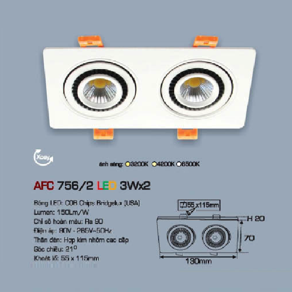 AFC 775/2 LED 3W x 2: Đèn LED đôi  chiếu điểm âm trần  3W x 2 - KT: 130mm x 70mm x H20mm - Lổ khoét: 55mm x 115mm - Ánh sáng trắng/vàng/trung tính