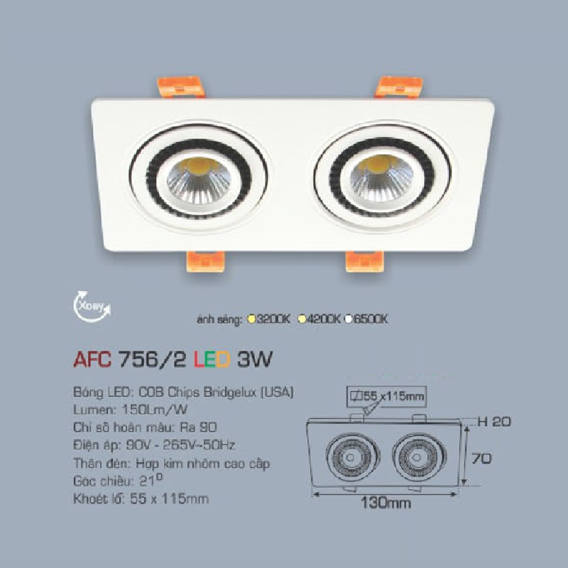 AFC 756/2 LED 3W:  Đèn LED đôi vuông âm trần chiếu điểm xoay góc 5W1 chế độ ánh sáng (vàng/trung tính/trắng)