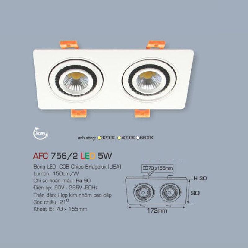 AFC 756/2 LED 5W: Đèn LED vuông âm trần chiếu điểm  xoay góc 5W, 1 chế độ ánh sáng (vàng/trung tính/trắng)