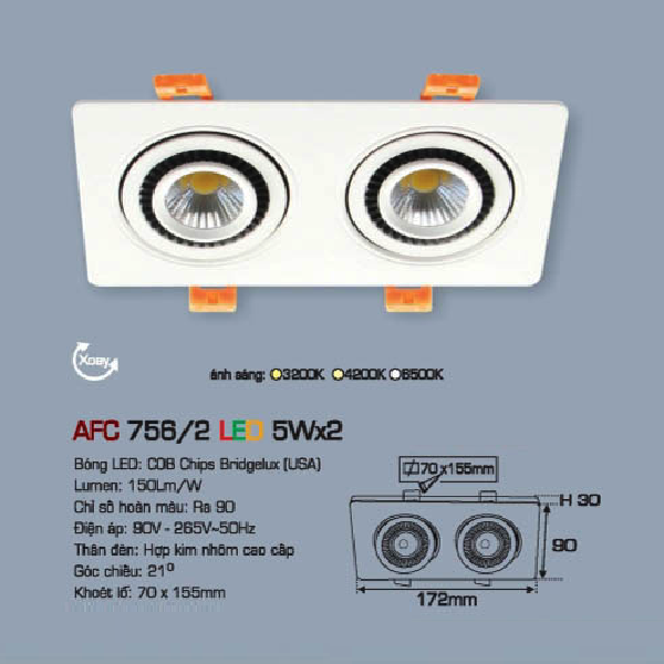 AFC 756/2 LED 5Wx2: Đèn LED vuông âm trần chiếu điểm 5Wx2 - KT: 172mm x 90mm x H30mm - Lổ khoét: 70mm x 155mm - Ánh sáng vàng/trung tính/trắng