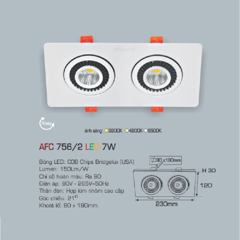 AFC 756/2 LED 7W: Đèn LED đôi vuông âm trần chiếu điểm  xoay góc 7W , 1 chế độ ánh sáng  (vàng/trung tính/trắng)