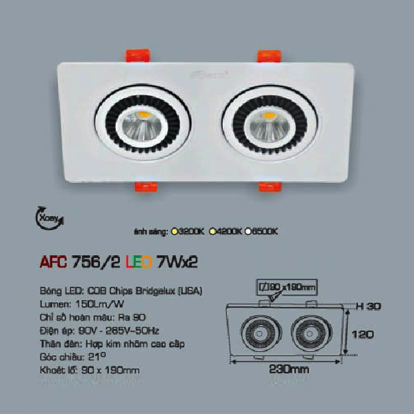 AFC 756/2 LED 7Wx2: Đèn LED vuông âm trần chiếu điểm 7Wx2 - KT: 230mm x 120mm x H30mm - Lổ khoét: 90mm x 190mm - Ánh sáng vàng/trung tính/trắng
