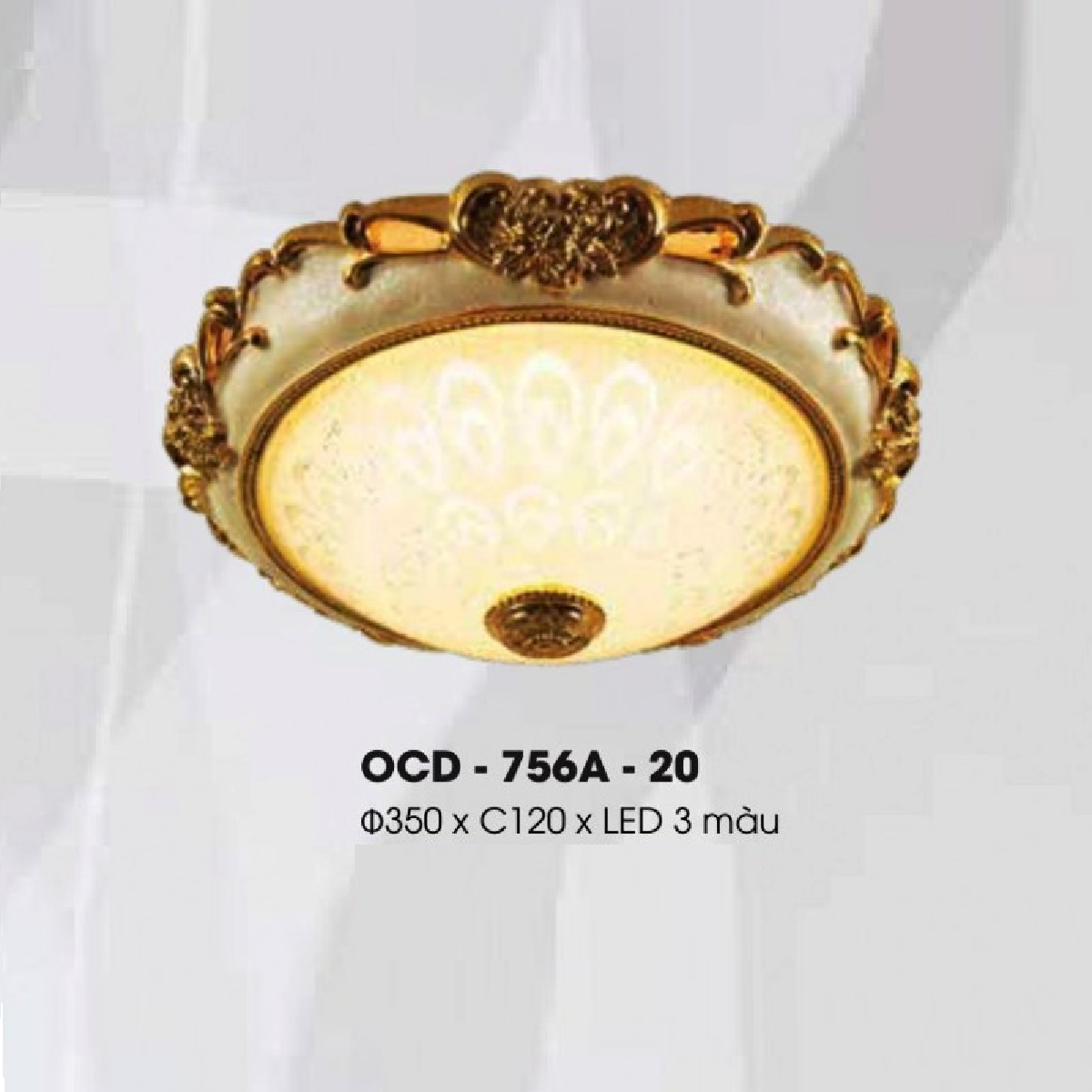 OCD - 756A - 20: Đèn ốp trần  hợp kim chóa thủy tinh - KT: Ø350mm x H120mm - Đèn LED đổi 3 màu