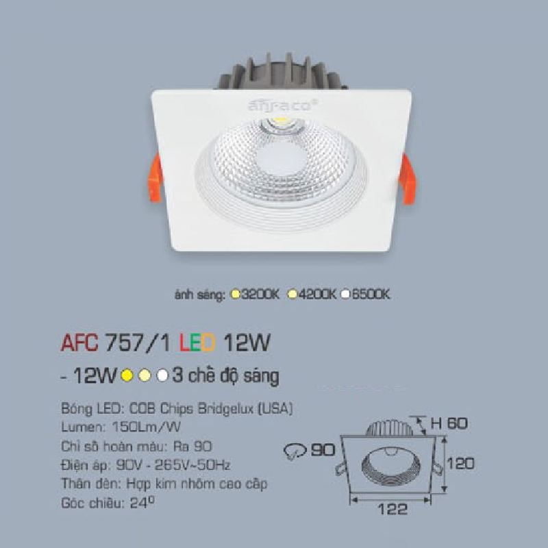 AFC 757/1 LED 12W: Đèn LED âm trần 12W, 1 chế độ ánh sáng (vàng/trung tính/trắng)