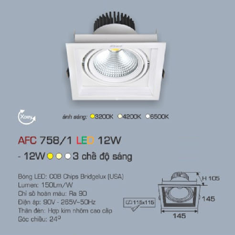 AFC 758/1 LED 12W: Đèn LED âm trần xoay góc 12W 1 chế độ ánh sáng (vàng/trung tính/trắng)