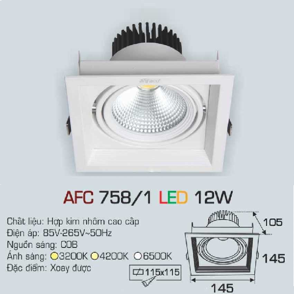 AFC 758/1 LED 12W: Đèn LED âm trần 12W - KT: 145mm x 145mm x H105mm - Lổ khoét: 115mm X 115mm - Ánh sáng trắng/vàng/trung tính