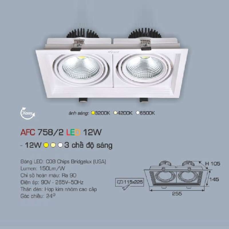 AFC 758/2 LED 12W : Đèn LED đôi âm trần  xoay góc 12W, 1 chế độ ánh sáng (vàng/trung tính/trắng)