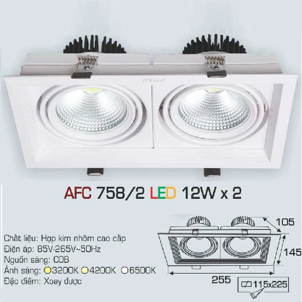 AFC 758/2 LED 12W x 2: Đèn LED đôi âm trần 12W - KT: 255mm x 145mm x H105mm - Lổ khoét: 115mm X 225mm - Ánh sáng trắng/vàng/trung tính
