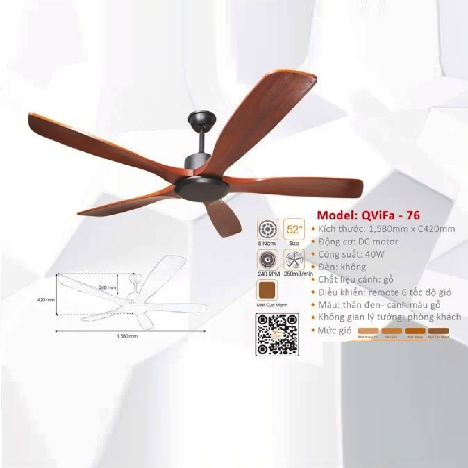 QViFa -76: Quạt trần 5 cánh gỗ