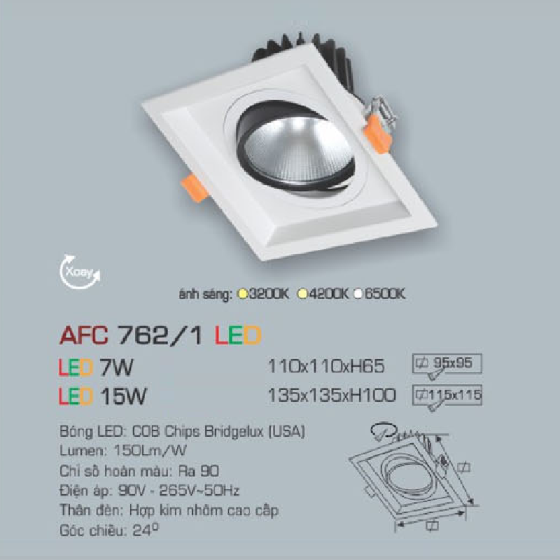AFC 762/1 LED 7W: Đèn LED âm trần  xoay góc 7W, 1 chế độ ánh sáng (vàng/trung tính/trắng)