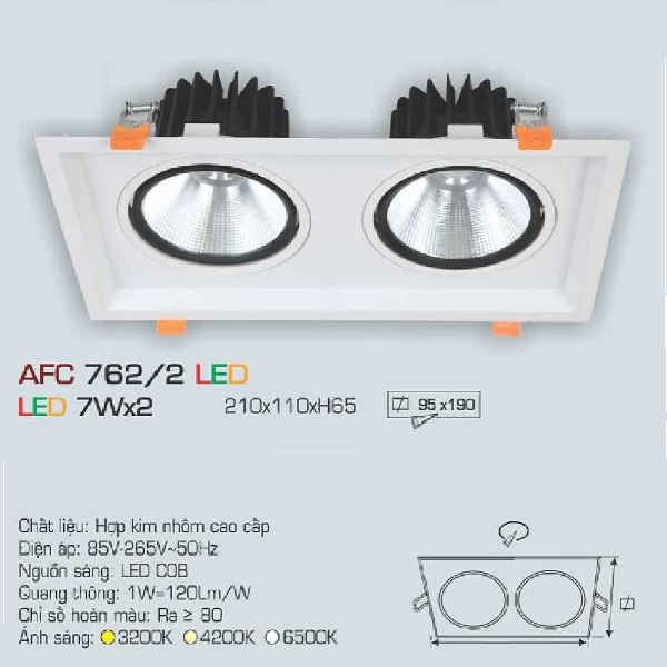 AFC 762/2 LED 7W x 2: Đèn LED đôi âm trần 7W - KT: 210mm x 110mm x H65mm - Lổ khoét: 95mm x 190mm - Đèn LED ánh sáng Trắng/vàng/trung tính