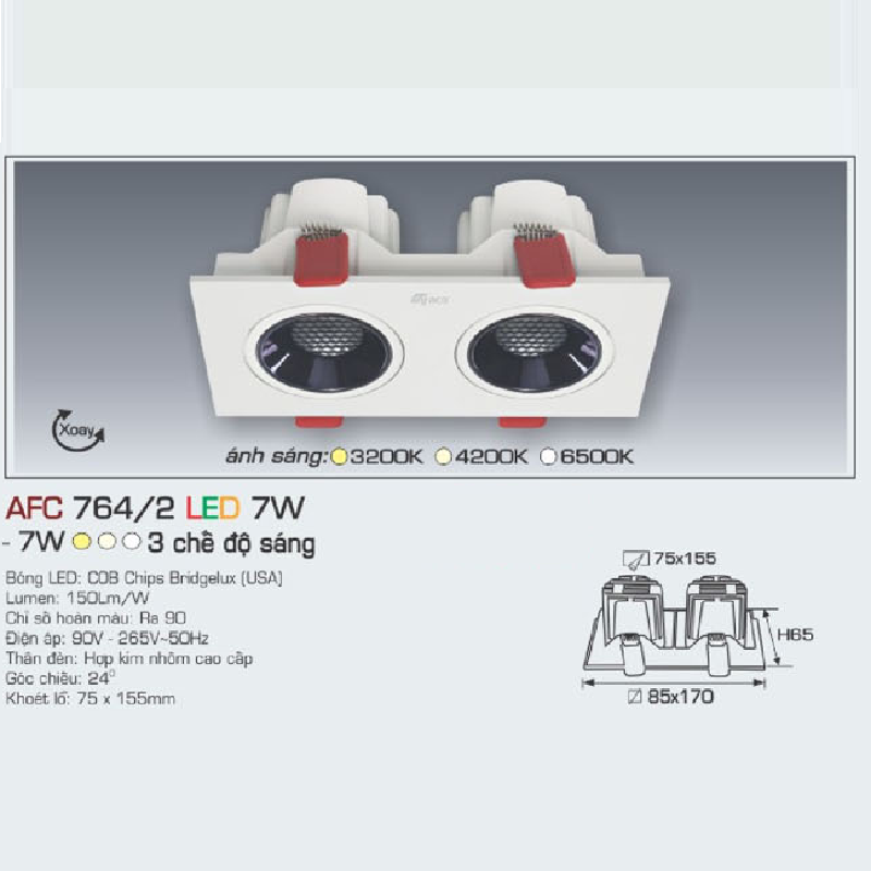 AFC 764/2 LED 7W: Đèn LED đôi âm trần xoay góc 7W,   1 chế độ ánh sáng (vàng/trung tính/trắng)