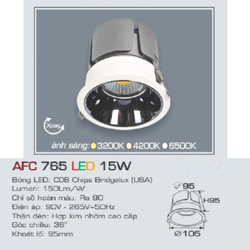 AFC 765 LED 15W: Đèn LED âm trần xoay góc 15W,1 chế độ sáng trắng/vàng/trung tính