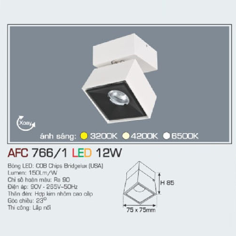 AFC 766/1 LED 12W: Đèn LED chiếu điểm gắn nổi xoay góc 12W, 1 chế độ ánh sáng (vàng/trung tính/trắng)