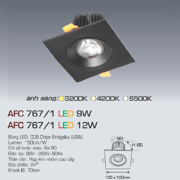 AFC 767/1 LED 12W: Đèn LED âm trần 12 W - KT: 120mm x 120mm x H85mm - Lổ khoét: Ø90mm - Ánh sáng trắng/vàng/trung tính