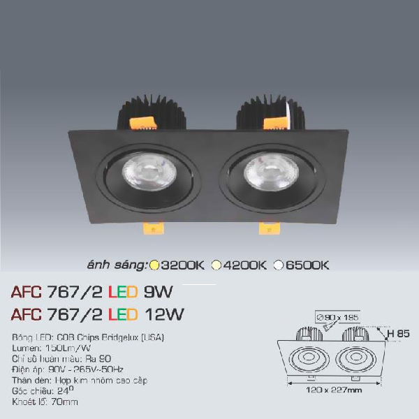 AFC 767/2 LED 12W: Đèn LED đôi  âm trần 12 W - KT: 120mm x 227mm x H85mm - Lổ khoét: 90mm x 195mm - Ánh sáng trắng/vàng/trung tính