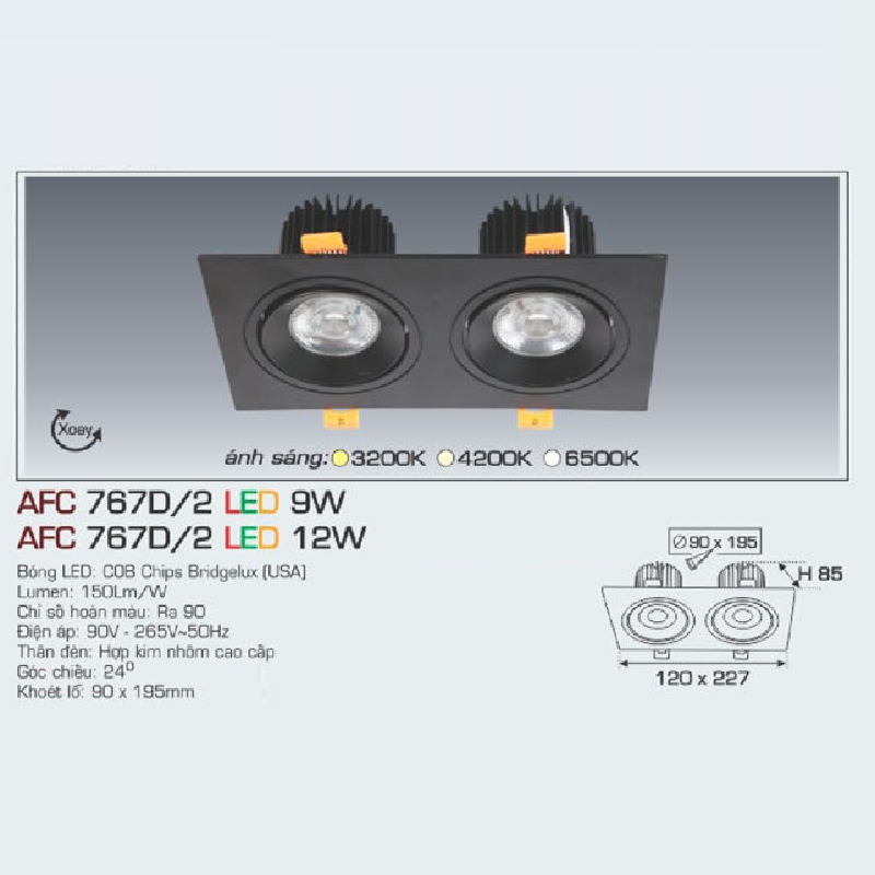 AFC 767/2 LED 9W: Đèn LED đôi  âm trần đôi xoay góc 9W 1 chế độ ánh sáng (vàng/trung tính/trắng)