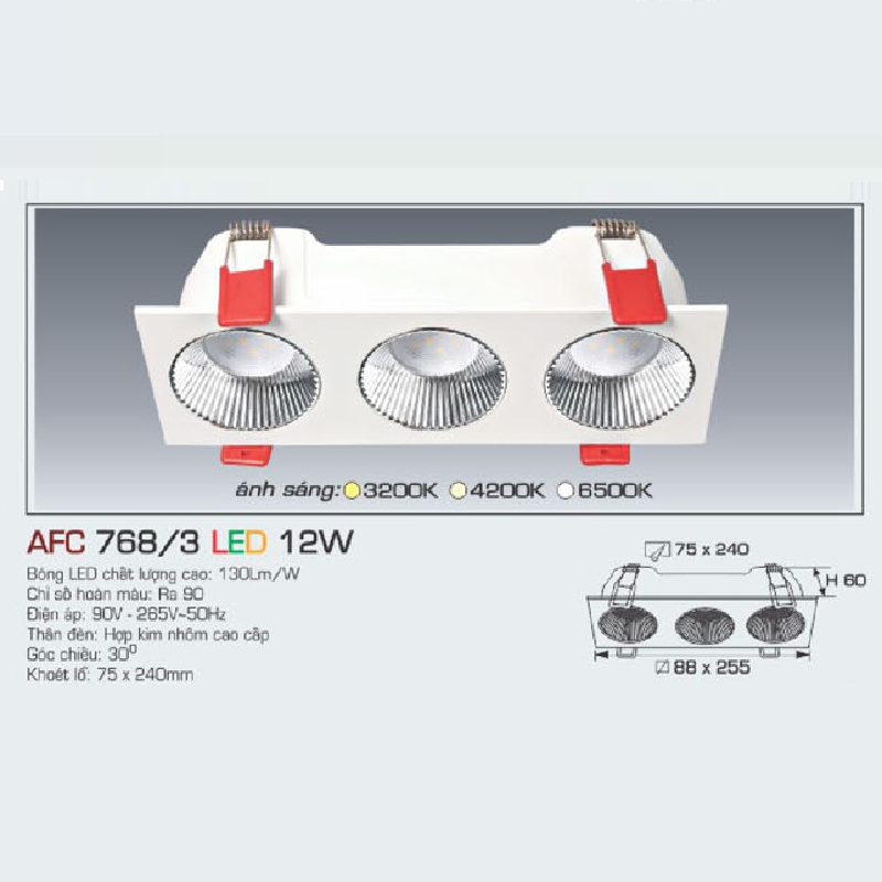 AFC 768/3 LED 12W: Đèn LED  âm trần 3 bóng 12 W , 1 chế độ sáng (vàng/trung tính/trắng)