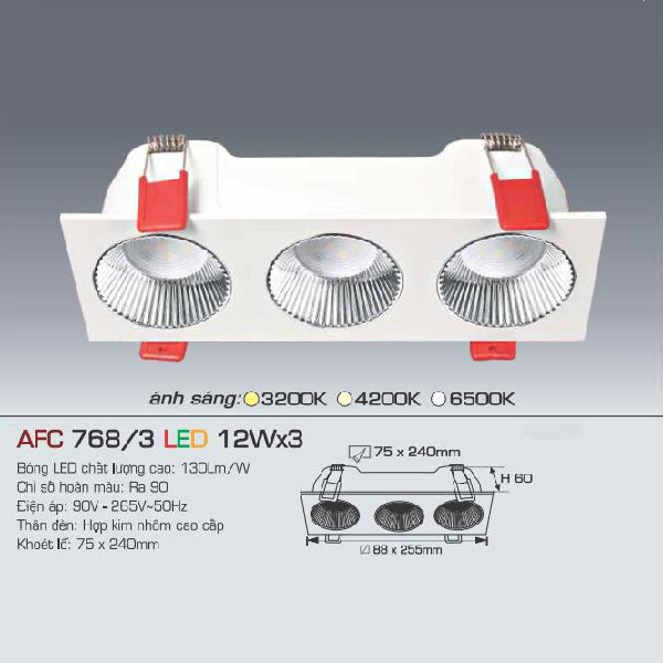 AFC 768/3 LED 12W x 3: Đèn LED  âm trần 3 bóng 12 W - KT: 88mm x 255mm x H80mm - Lổ khoét: 75mm x 240mm - Ánh sáng trắng/vàng/trung tính