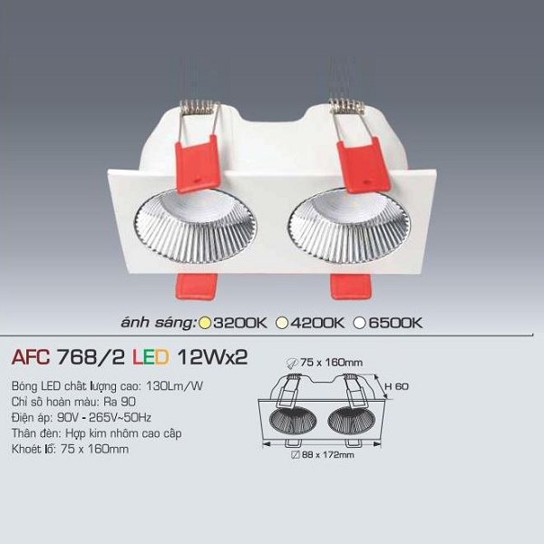 AFC 768/2 LED 12W x 2: Đèn LED  âm trần 2 bóng 12 W - KT: 88mm x 172mm x H80mm - Lổ khoét: 75mm x 160mm - Ánh sáng trắng/vàng/trung tính