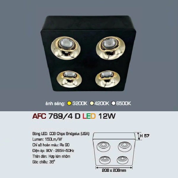 AFC 769/4 D LED 12W: Đèn LED  chiếu điểm gắn nổi  12W x 4 - KT: 208mm x 208mm x H57mm - Ánh sáng vàng/trung tính/trắng