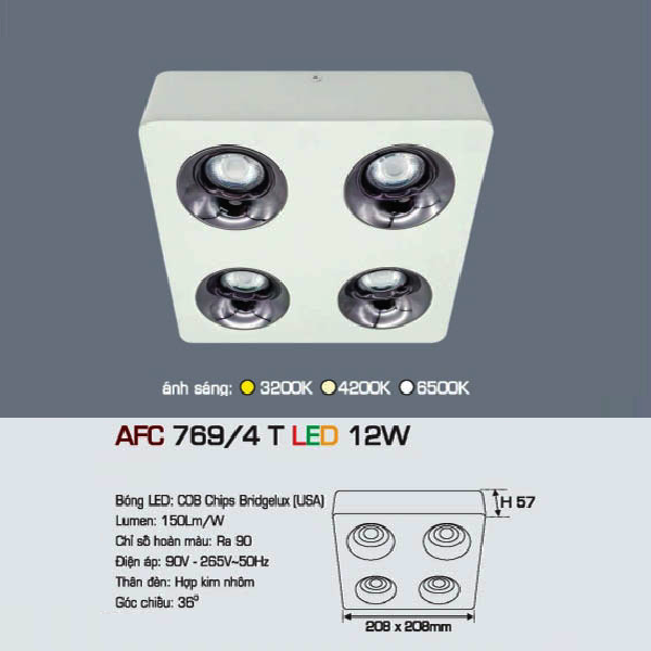 AFC 769/4 T LED 12W: Đèn LED  chiếu điểm gắn nổi  12W x 4 - KT: 208mm x 208mm x H57mm - Ánh sáng vàng/trung tính/trắng
