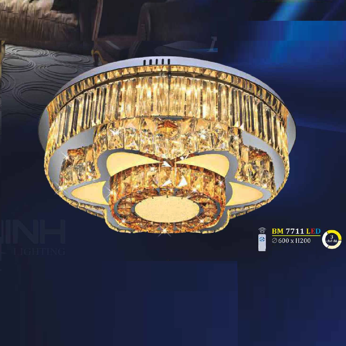 BM 7711 LED: Đèn áp trần LED - KT: Ø600mm x H200mm - Đèn LED đổi 3 màu - Remote