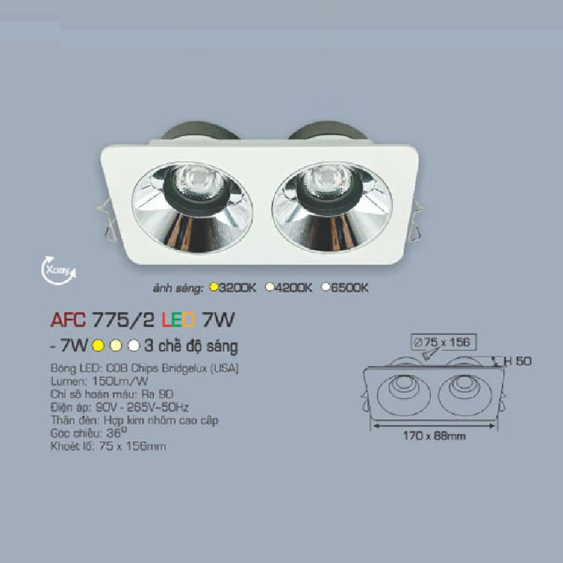 AFC 775/2 LED 7W: Đèn LED đôi âm trần chiếu điểm xoay góc 7W, 1 chế độ ánh sáng ( vàng/trung tính/trắng)