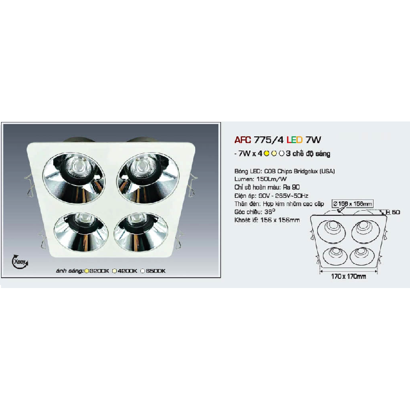 AFC 775/4 LED 7W: Đèn LED âm trần chiếu điểm 7W x4 - KT: 170 x 170mm x  H50mm - Lổ khoét: 156mm x 156mm - Ánh sáng vàng/trung tính/trắng
