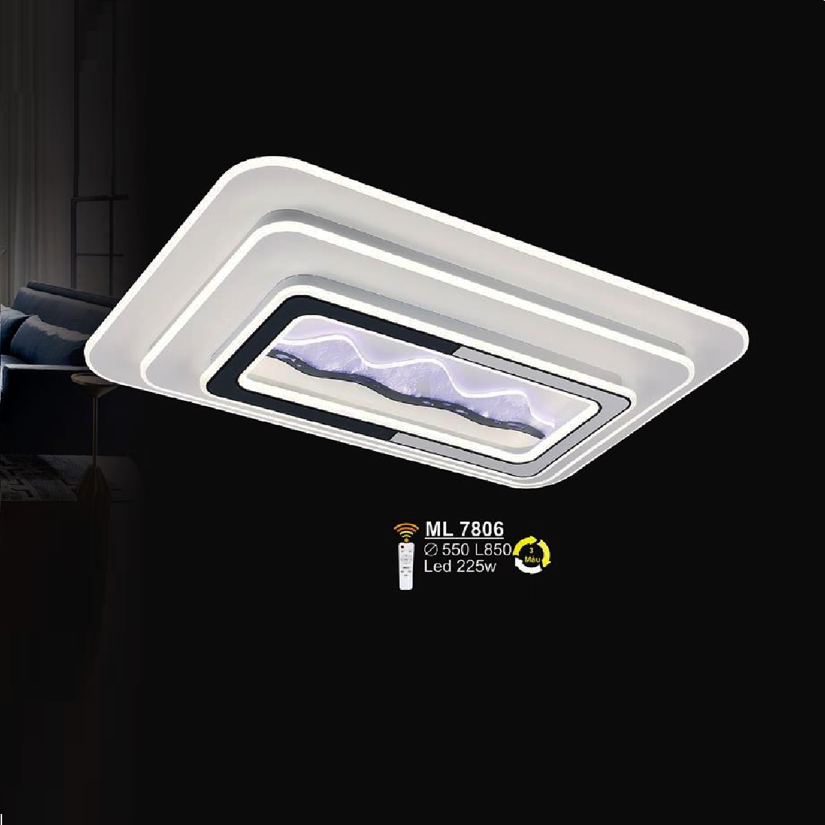 SN - ML 7806: Đèn áp trần LED Mica chữ nhật - KT: L850mm x W550mm - Đèn LED 215W - Ánh sáng đổi 3 màu - Remote