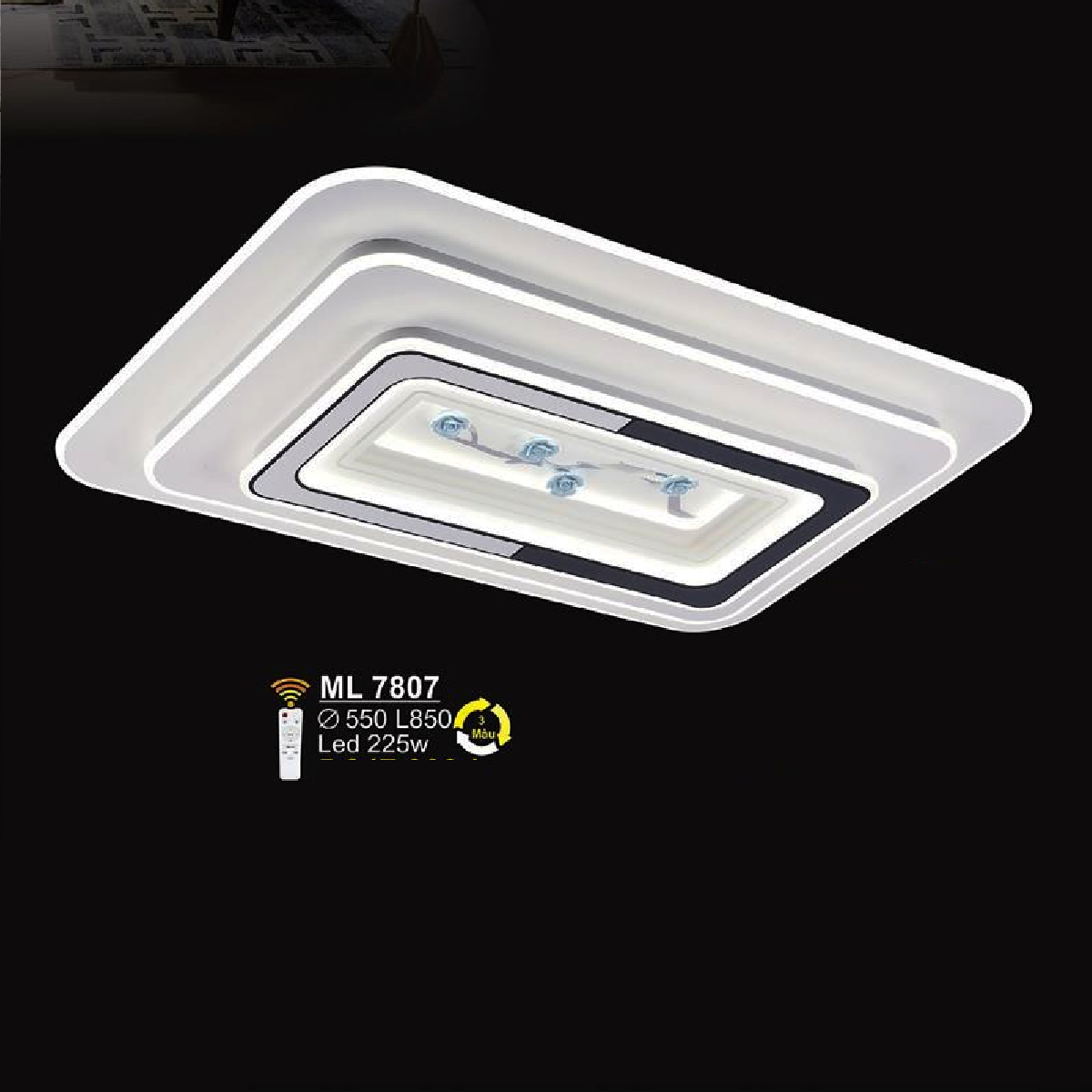 SN - ML 7807: Đèn áp trần LED Mica chữ nhật - KT: L850mm x W550mm - Đèn LED 215W - Ánh sáng đổi 3 màu - Remote